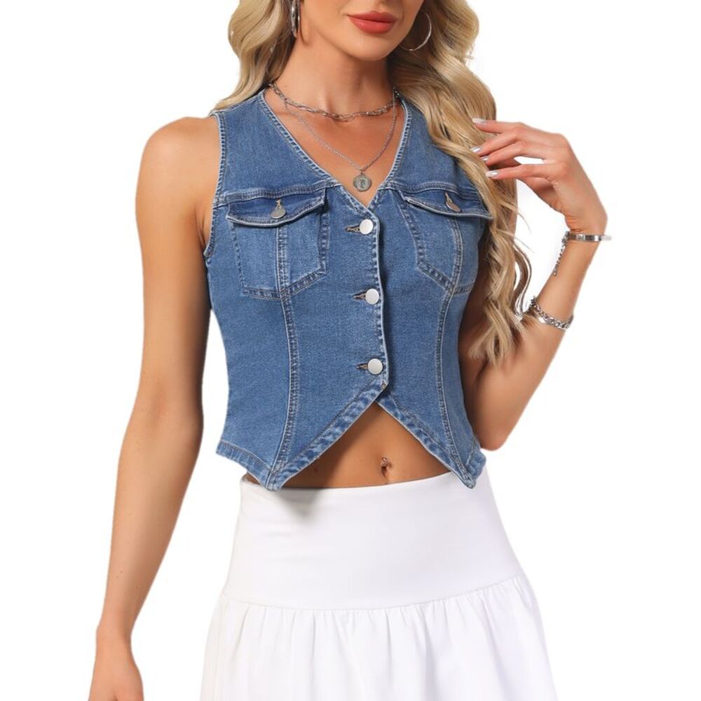 Women's Sleeveless Denim Vest Dark Blue